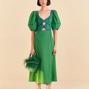 FARM Rio Green Midi Dress with Blue Trim